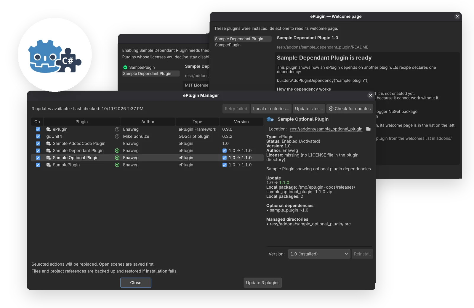 Die ePlugin-Verwaltung in Godot mit verfügbaren Updates und einer Willkommensseite